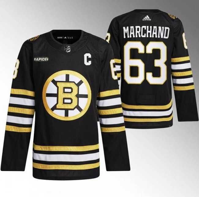 Men's Boston Bruins #63 Brad Marchand Black With Rapid7 Patch 100th Anniversary Stitched Jersey Dzhi